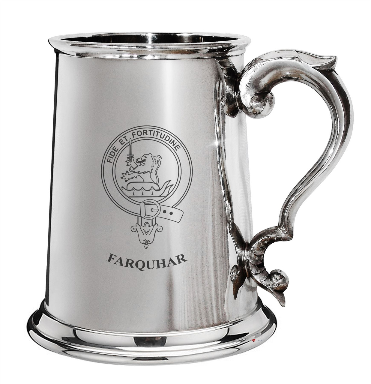 Farquhar Family Crest Polished Pewter 1 Pint Tankard with Scroll handle