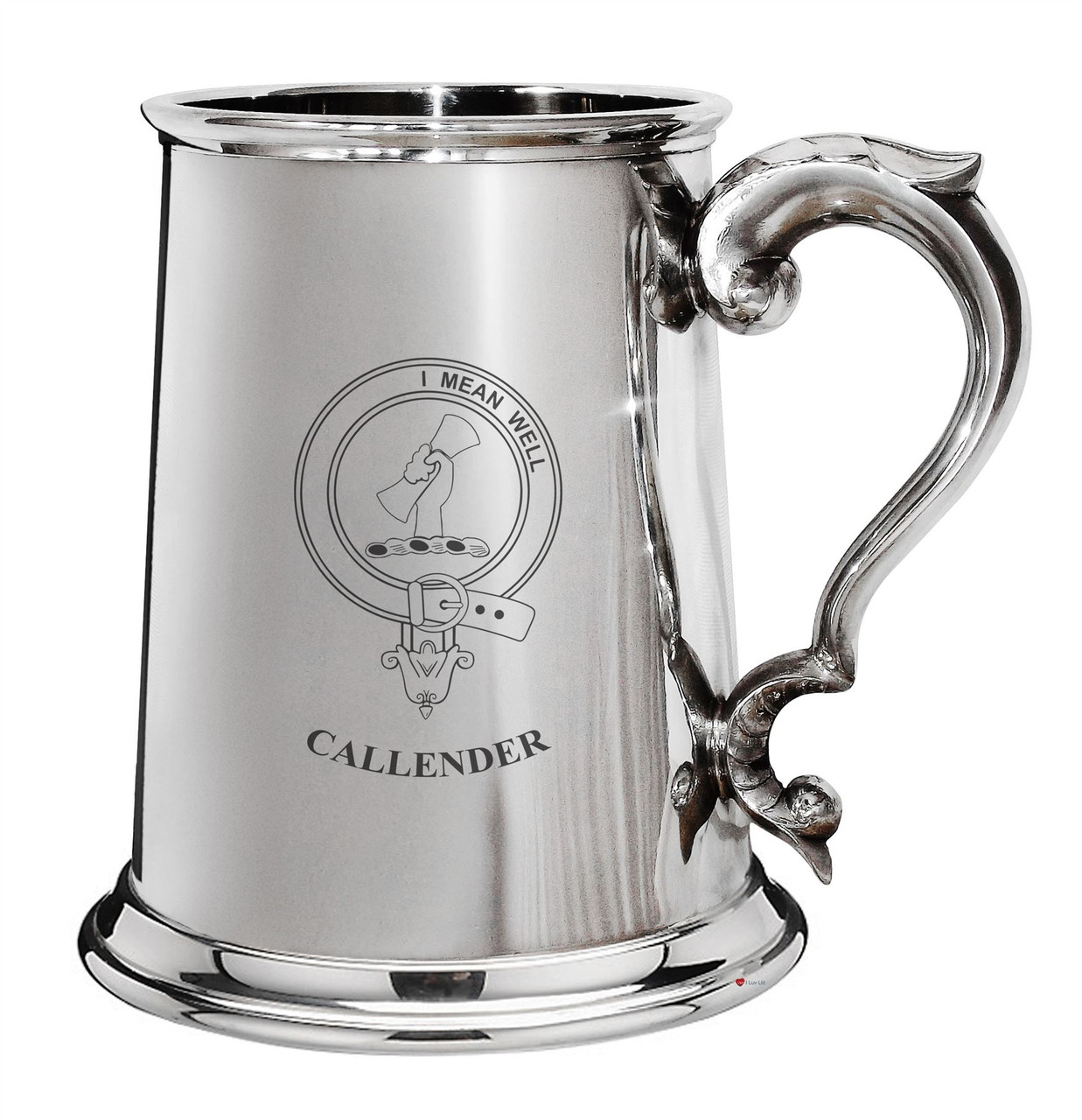 Callender Family Crest Polished Pewter 1 Pint Tankard with Scroll handle
