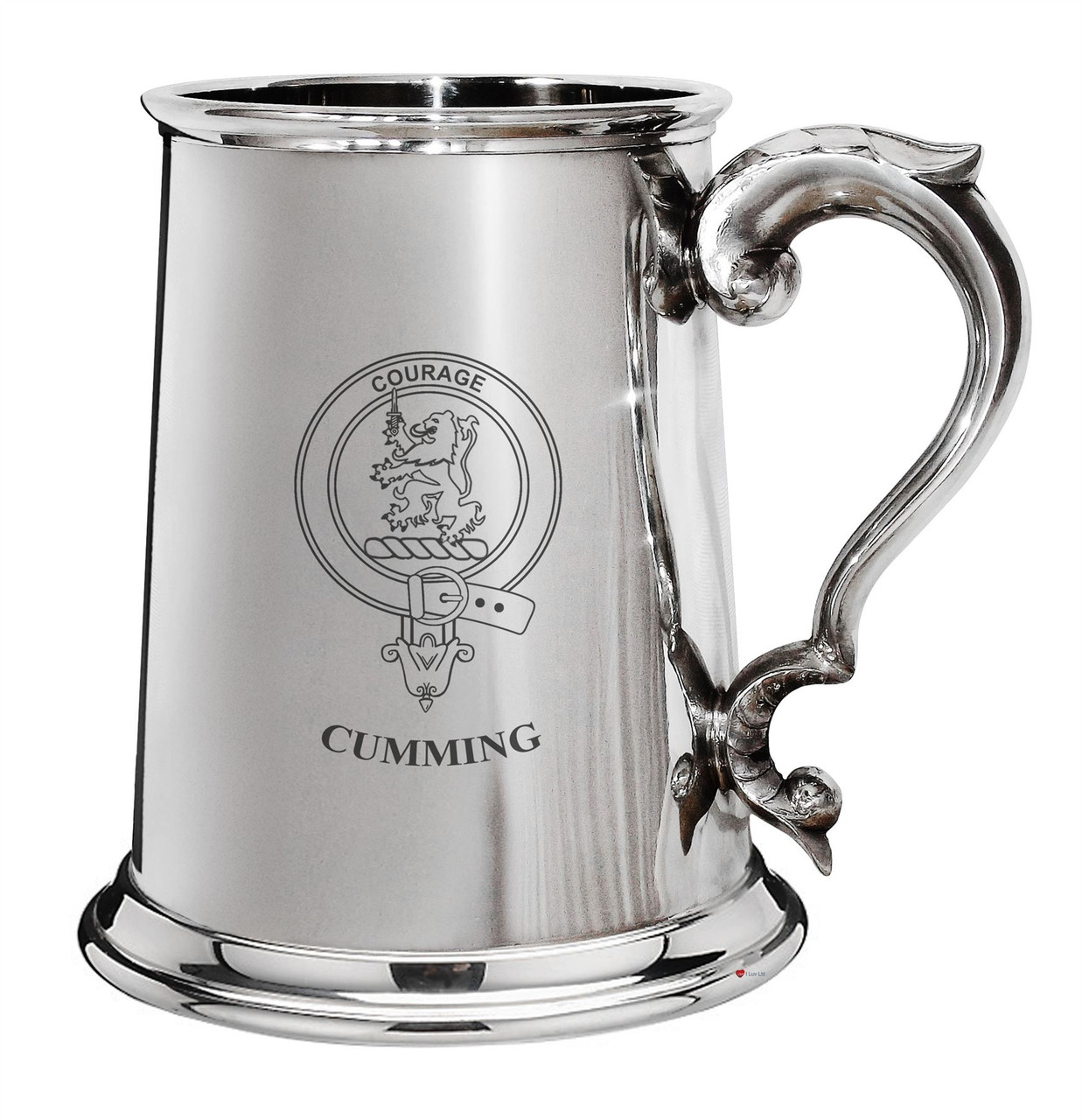 Cumming Family Crest Polished Pewter 1 Pint Tankard with Scroll handle
