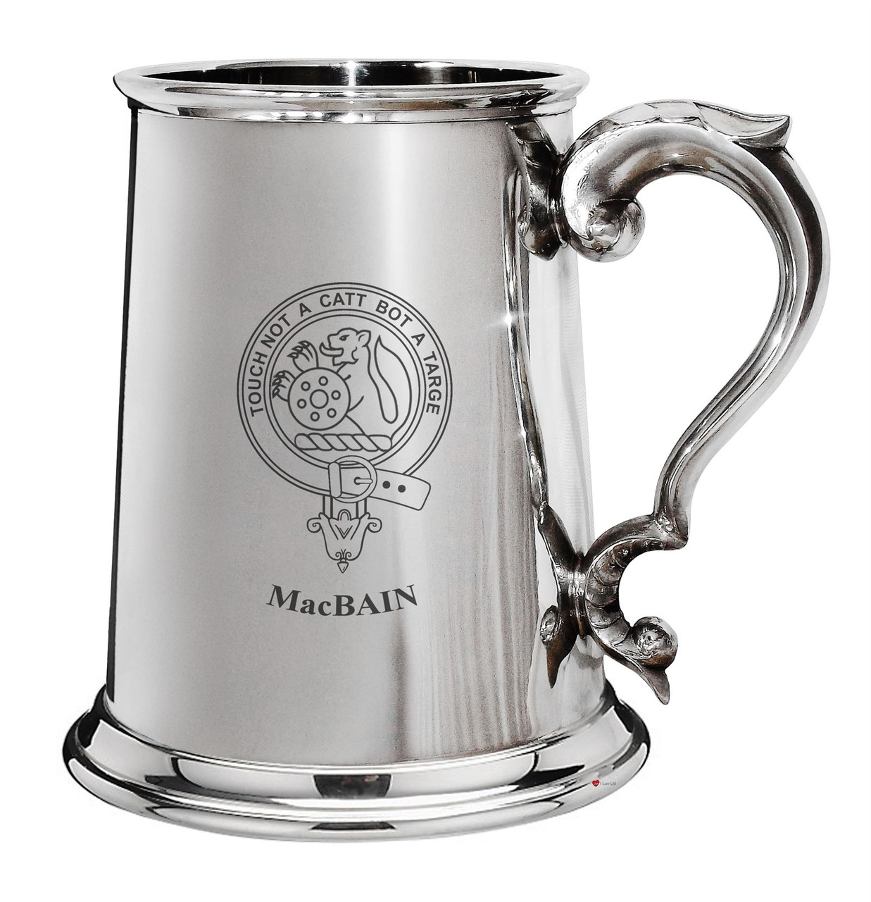 MacBain Family Crest Polished Pewter 1 Pint Tankard with Scroll handle