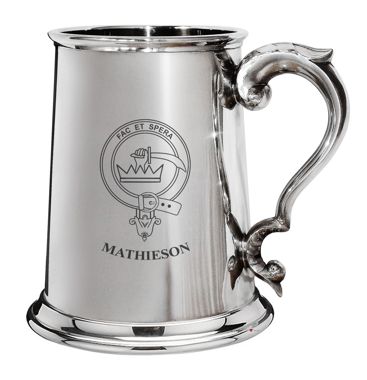 Mathieson Family Crest Polished Pewter 1 Pint Tankard with Scroll handle
