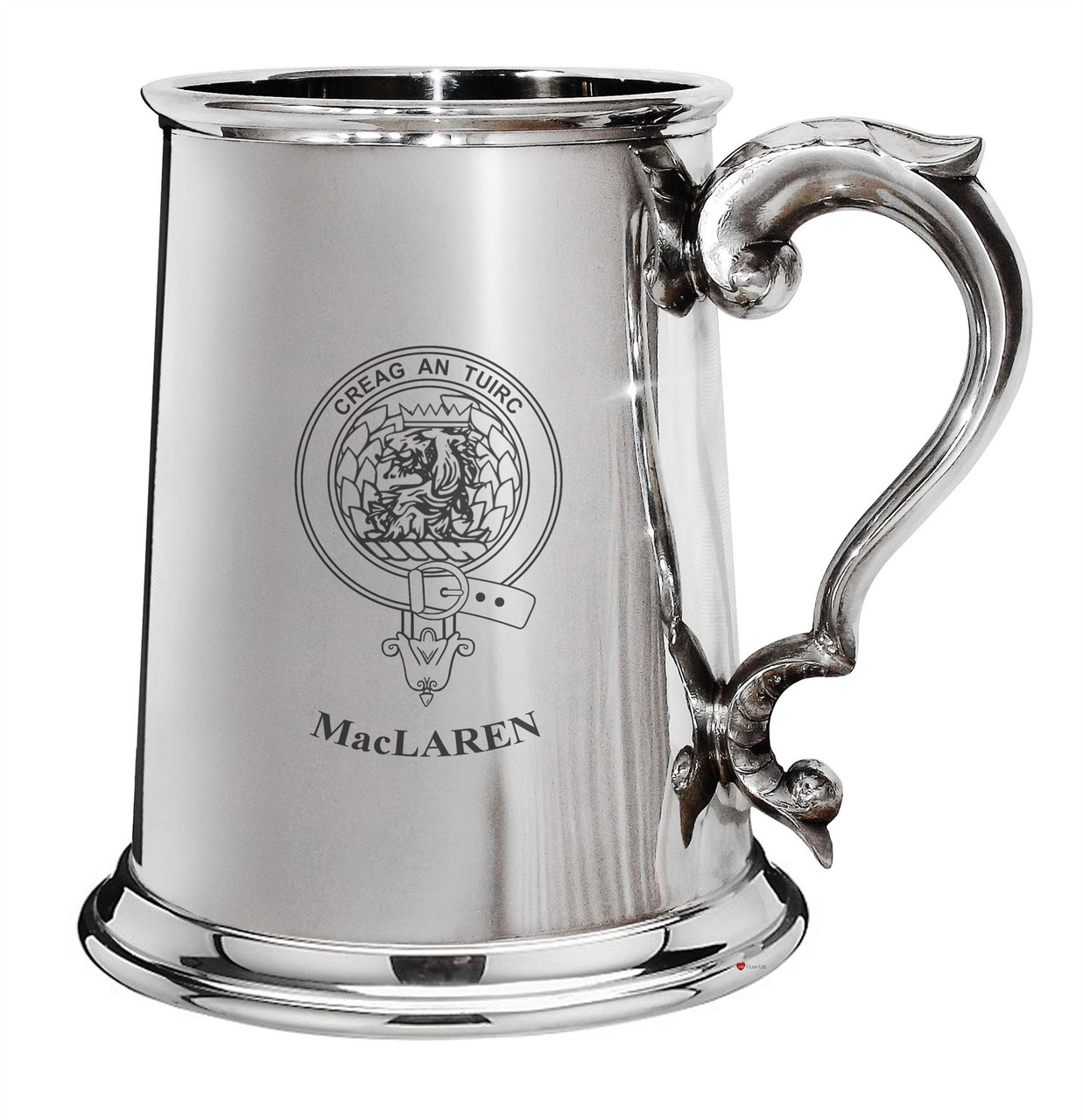 MacLaren Family Crest Polished Pewter 1 Pint Tankard with Scroll handle