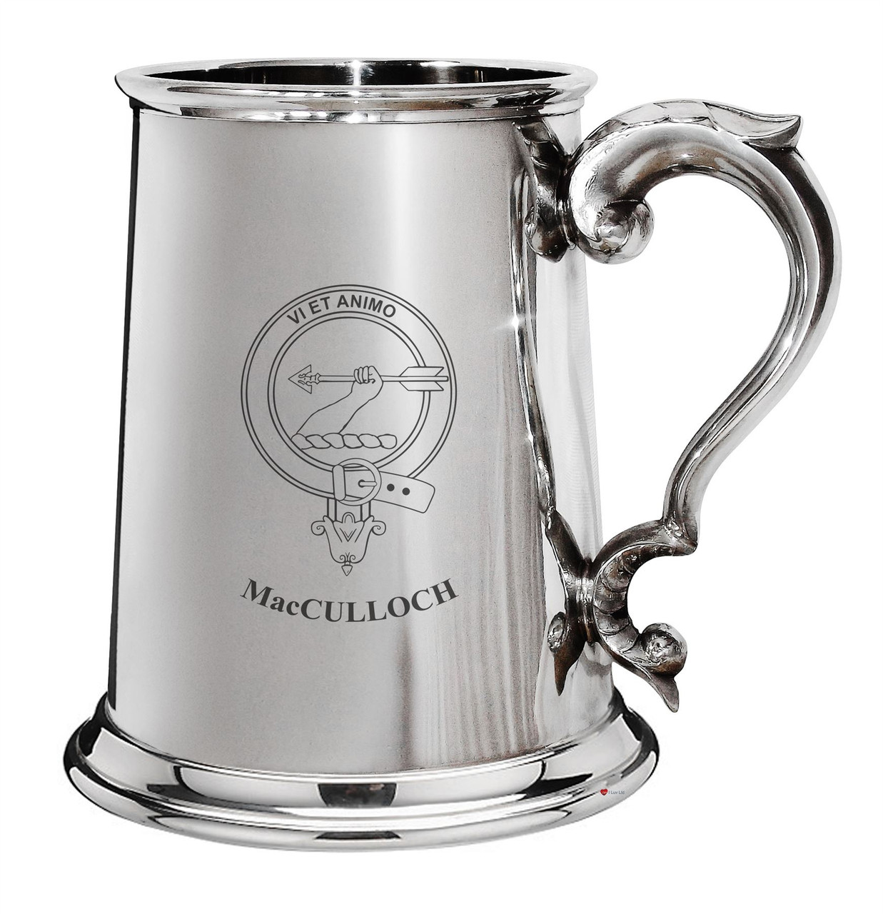 MacCulloch Family Crest Polished Pewter 1 Pint Tankard with Scroll handle