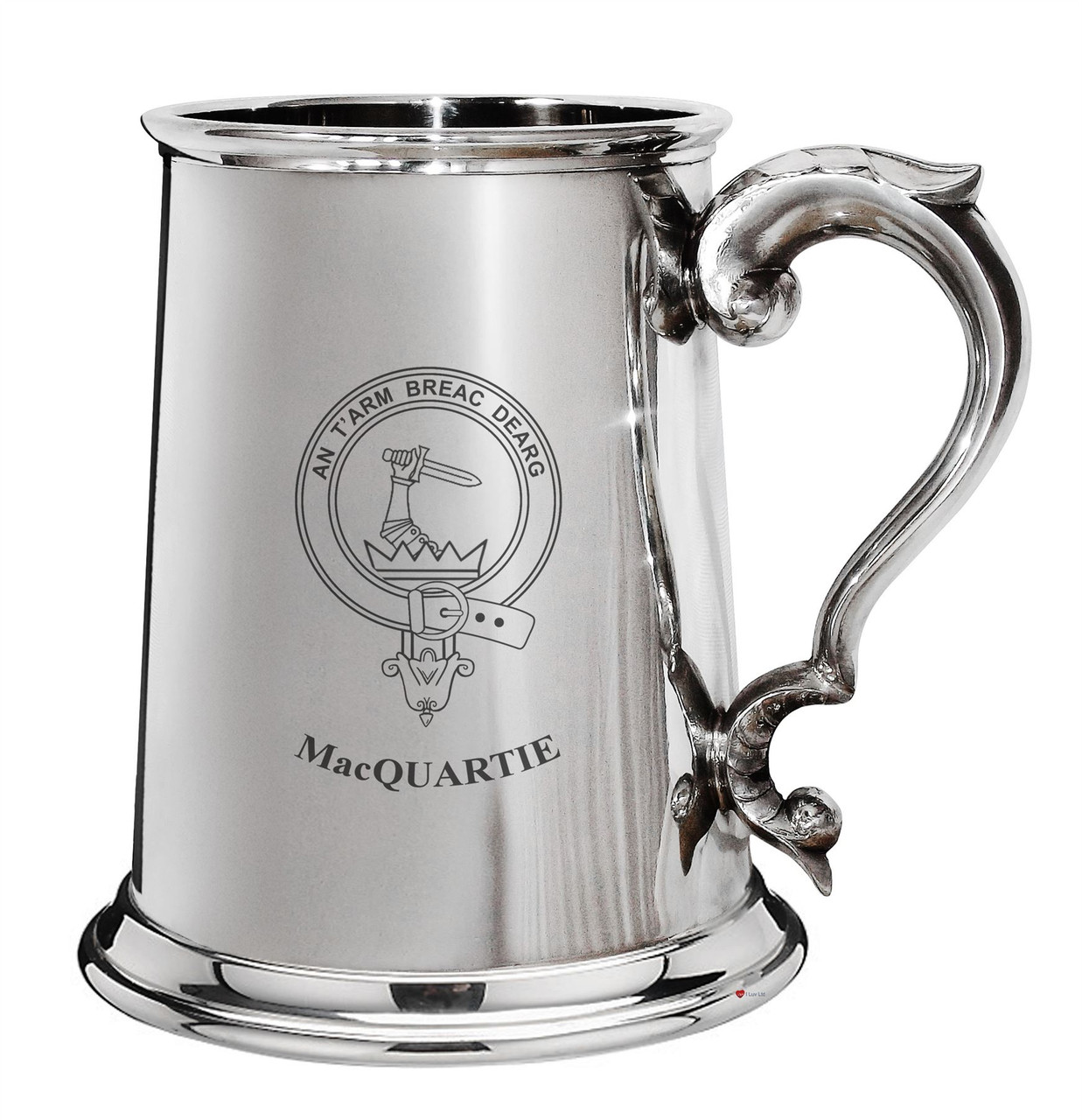 MacQuartie Family Crest Polished Pewter 1 Pint Tankard with Scroll handle