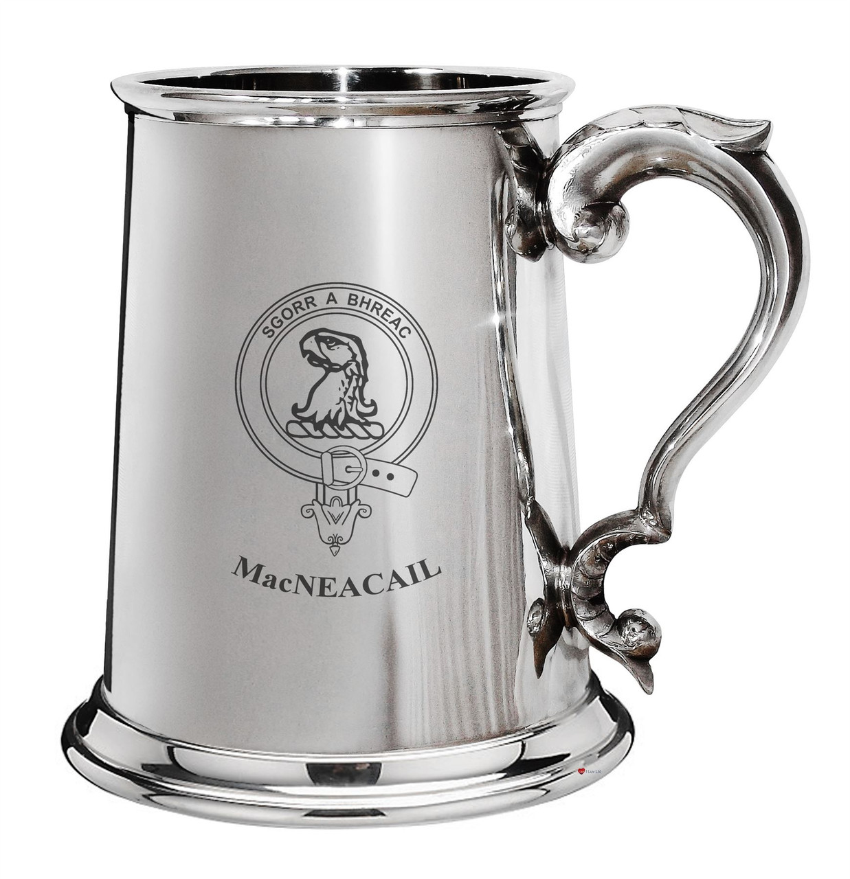 MacNeacail Family Crest Polished Pewter 1 Pint Tankard with Scroll handle