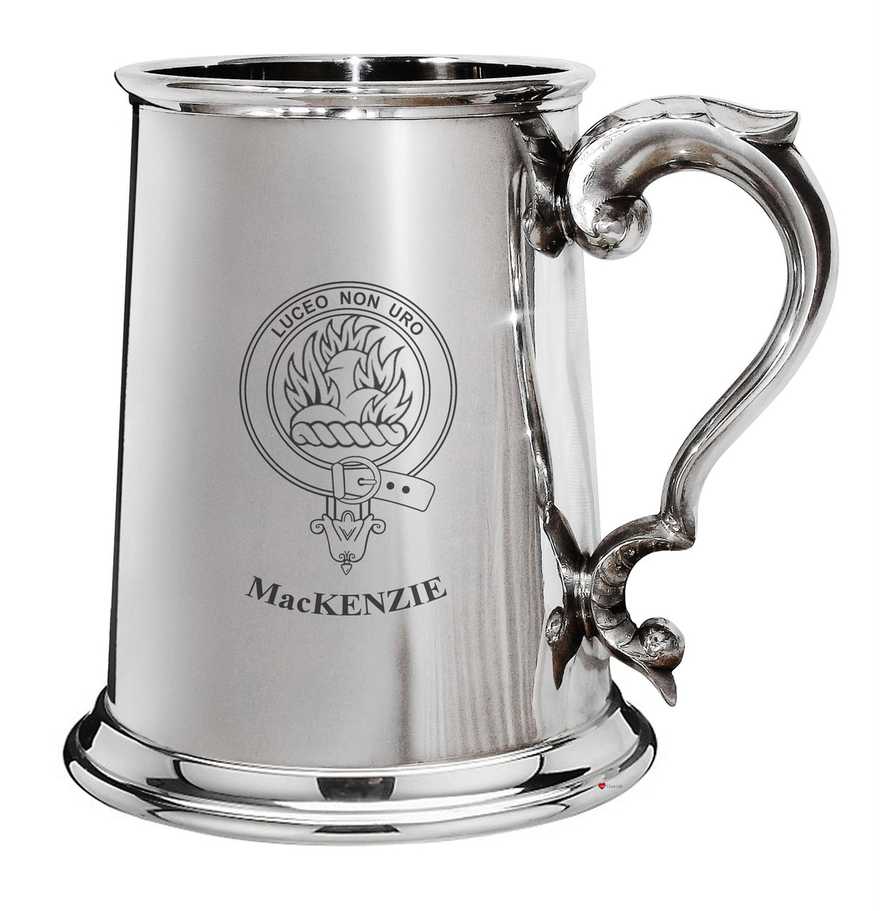 MacKenzie Family Crest Polished Pewter 1 Pint Tankard with Scroll handle