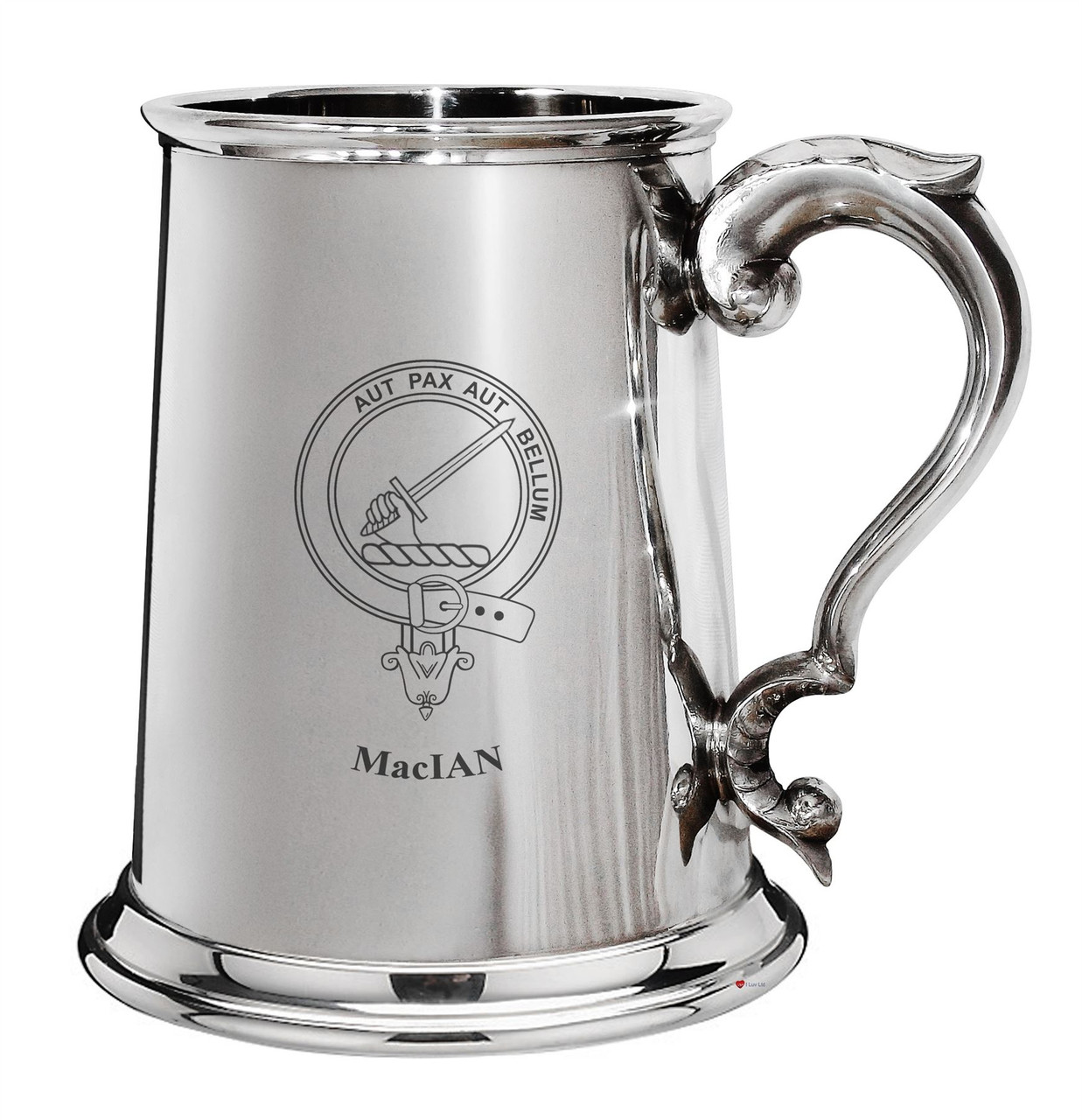 MacIan Family Crest Polished Pewter 1 Pint Tankard with Scroll handle
