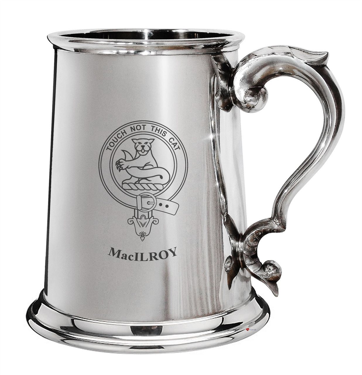 MacIlroy Family Crest Polished Pewter 1 Pint Tankard with Scroll handle