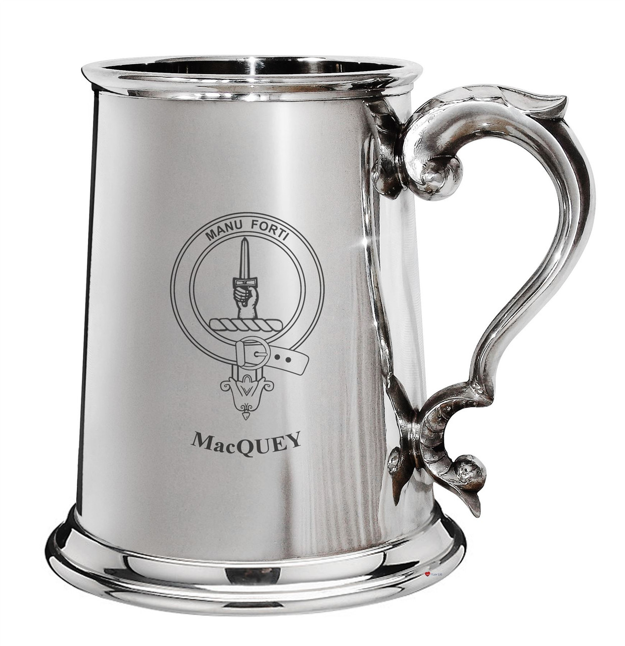 MacQuey Family Crest Polished Pewter 1 Pint Tankard with Scroll handle