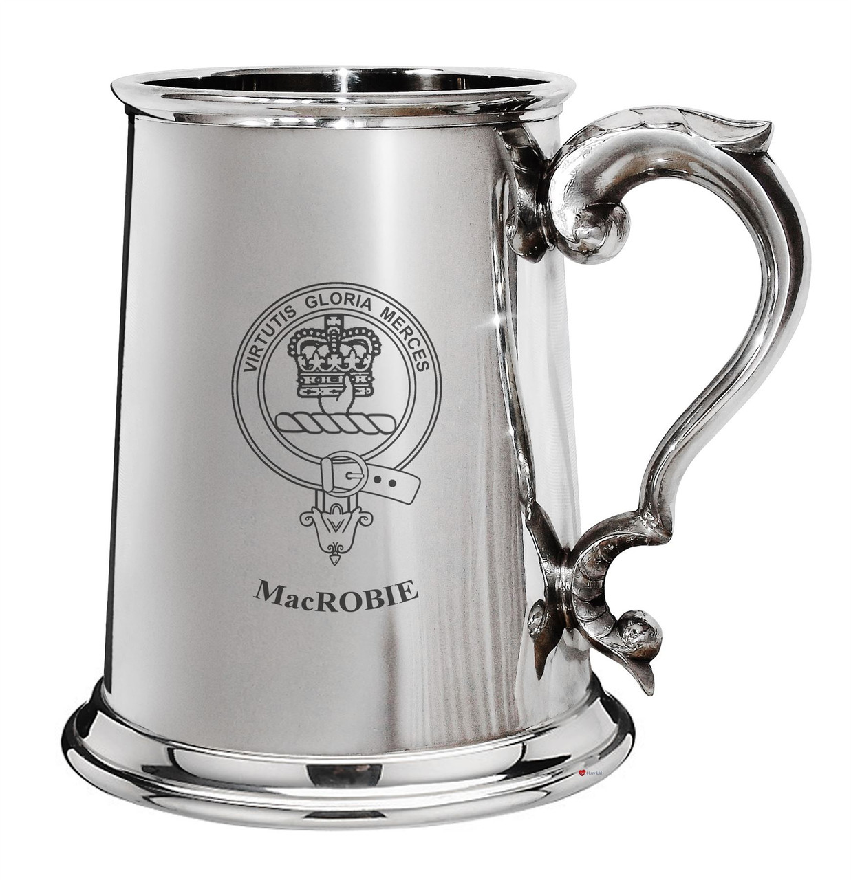 MacRobie Family Crest Polished Pewter 1 Pint Tankard with Scroll handle