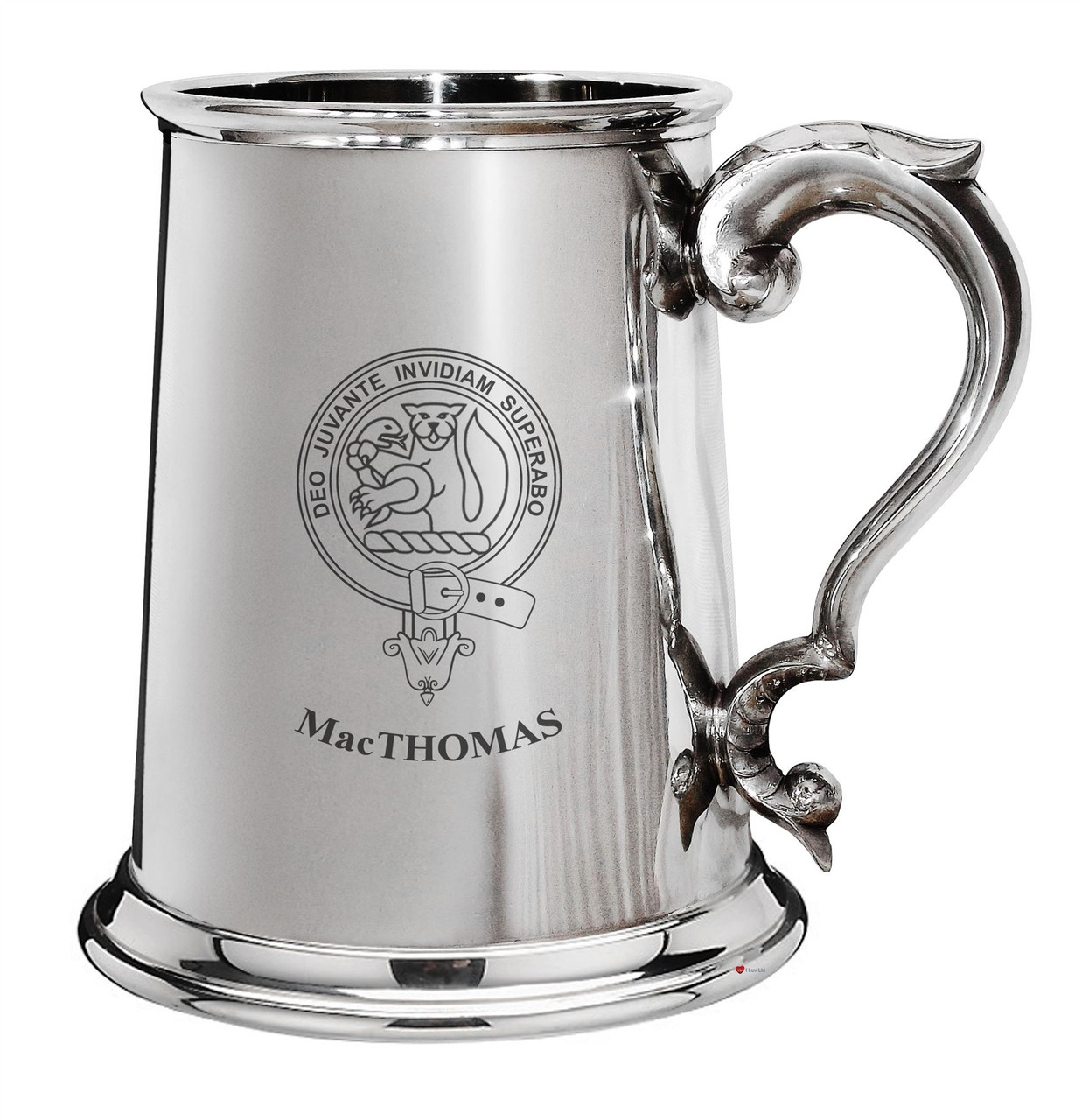 MacThomas Family Crest Polished Pewter 1 Pint Tankard with Scroll handle