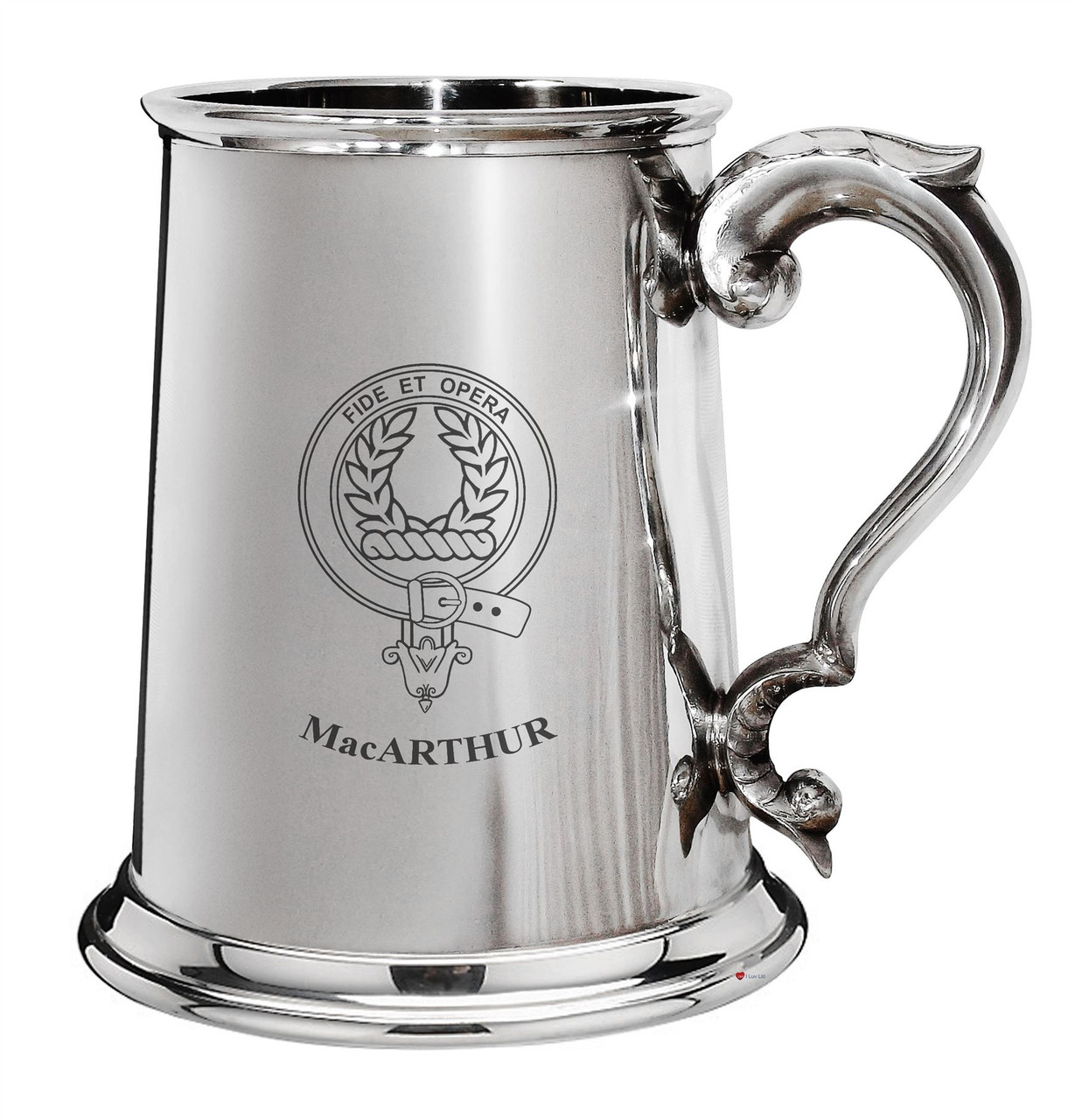 MacArthur Family Crest Polished Pewter 1 Pint Tankard with Scroll handle