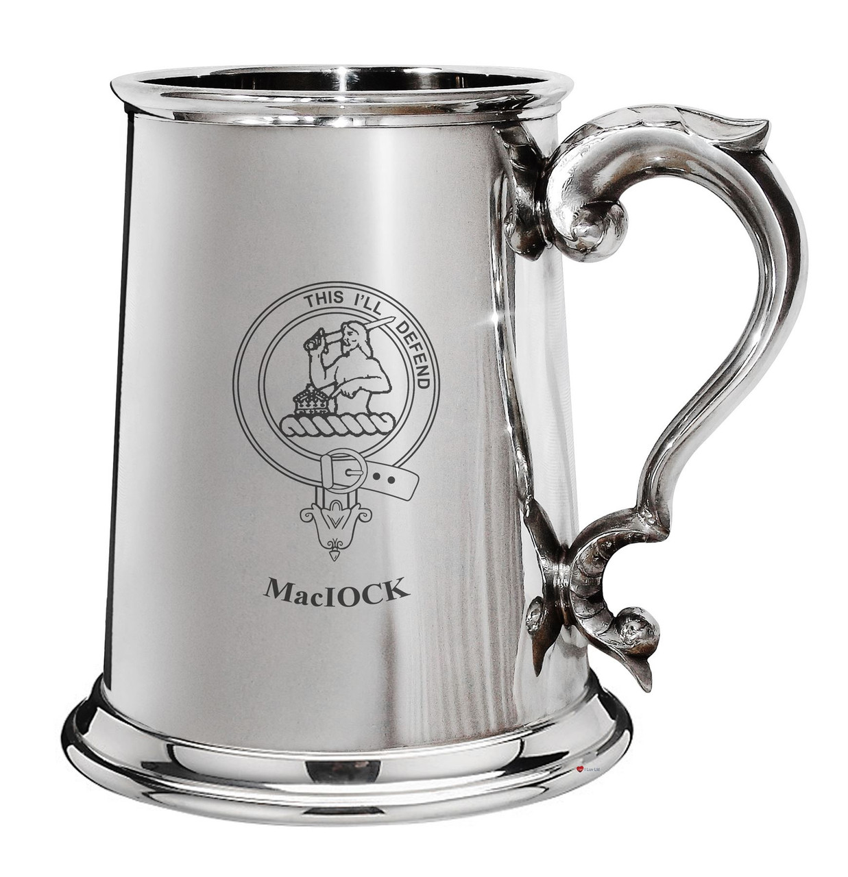 MacIock Family Crest Polished Pewter 1 Pint Tankard with Scroll handle