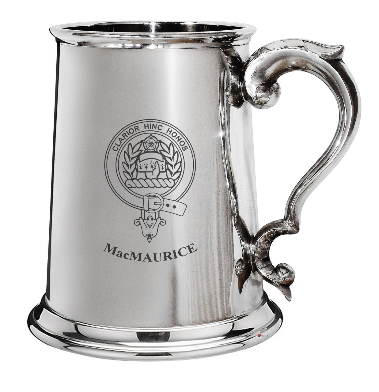 MacMaurice Family Crest Polished Pewter 1 Pint Tankard with Scroll handle