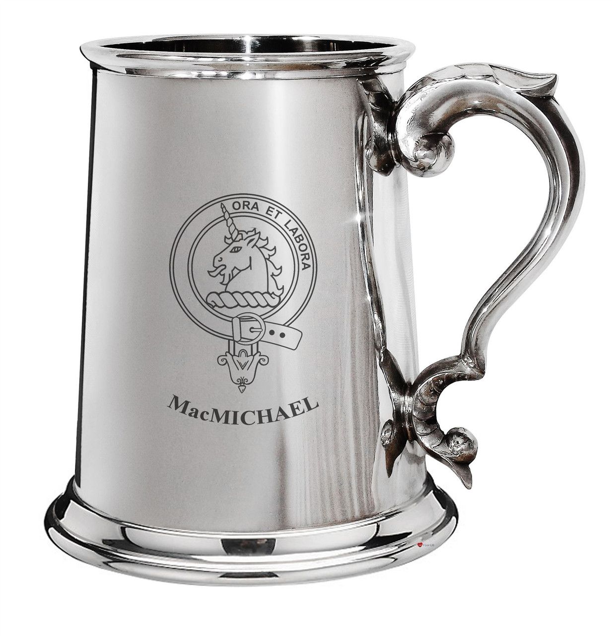 MacMichael Family Crest Polished Pewter 1 Pint Tankard with Scroll handle