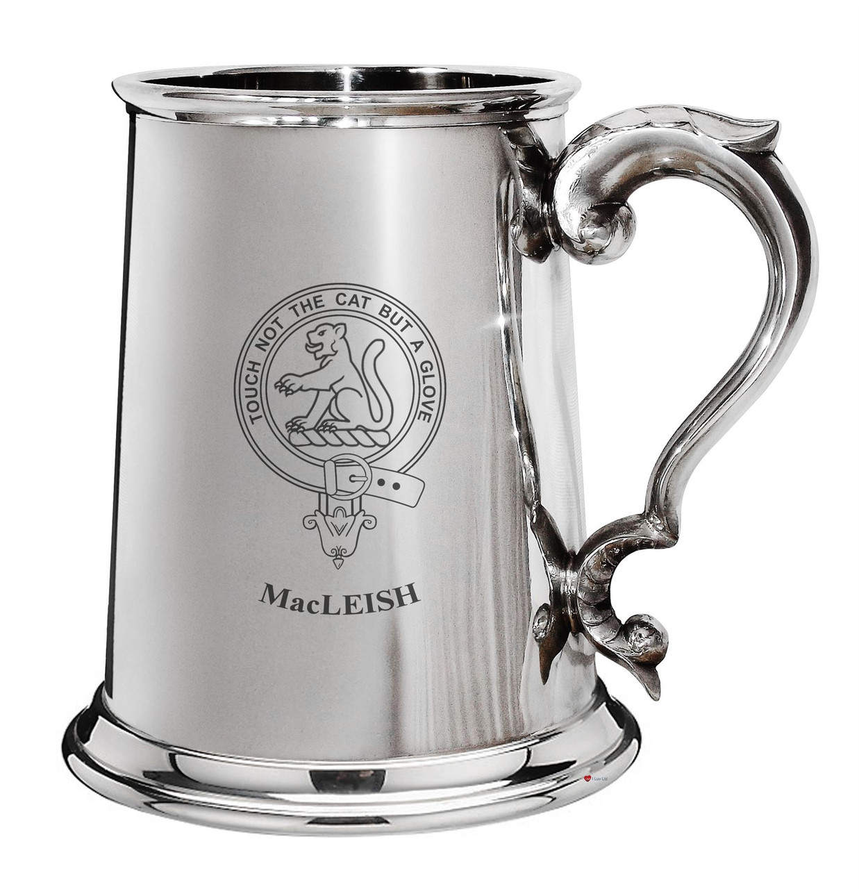 MacLeish Family Crest Polished Pewter 1 Pint Tankard with Scroll handle