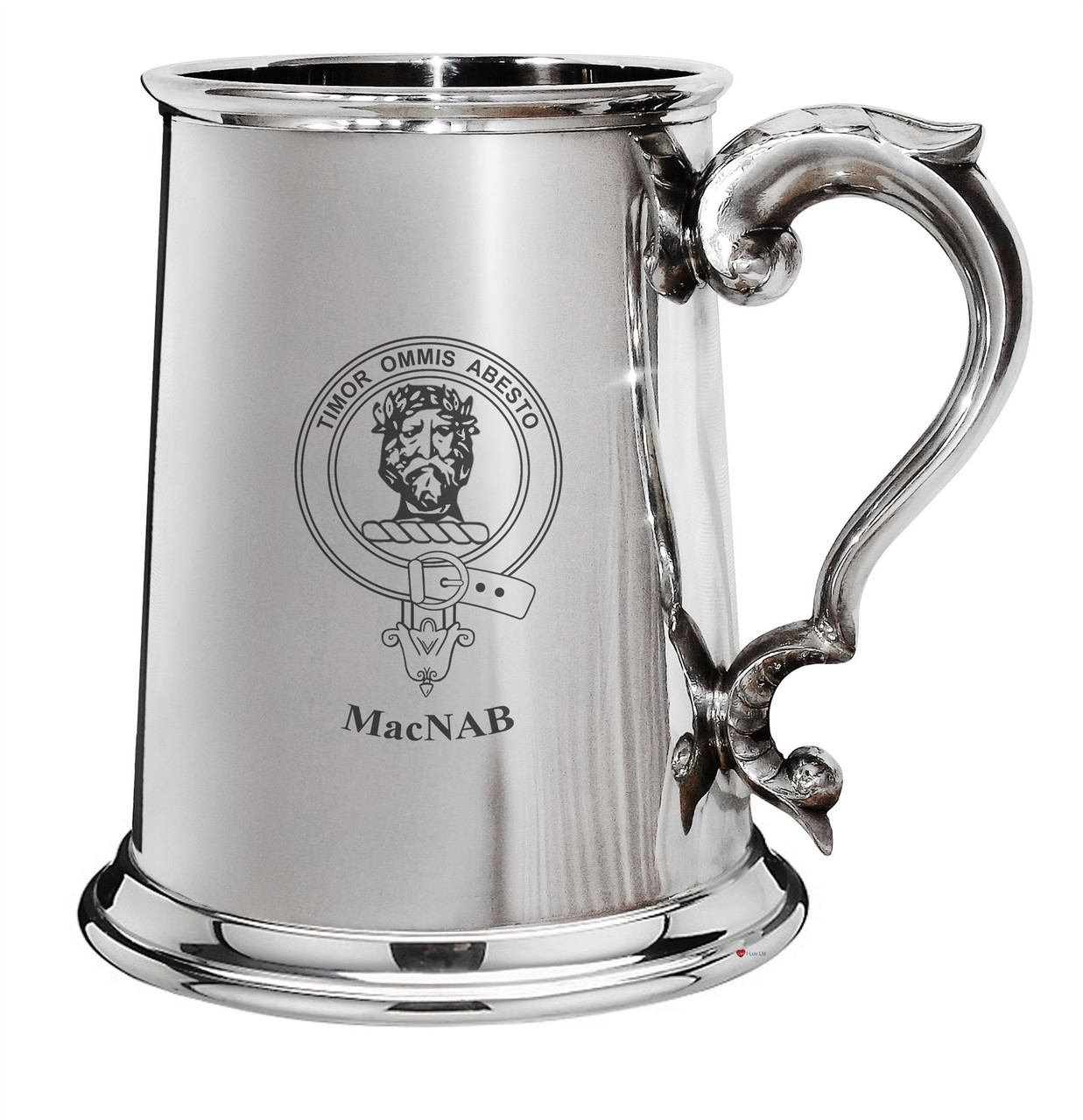 MacNab Family Crest Polished Pewter 1 Pint Tankard with Scroll handle