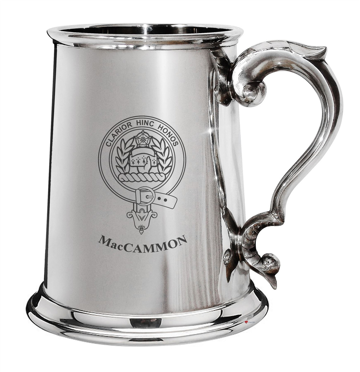 MacCammon Family Crest Polished Pewter 1 Pint Tankard with Scroll handle