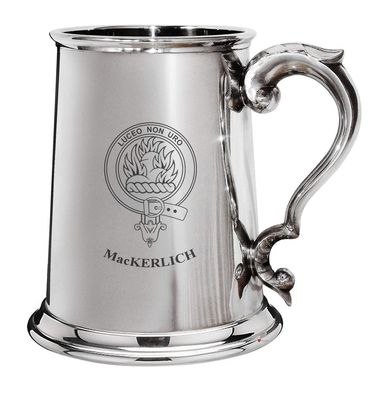 MacKerlich Family Crest Polished Pewter 1 Pint Tankard with Scroll handle