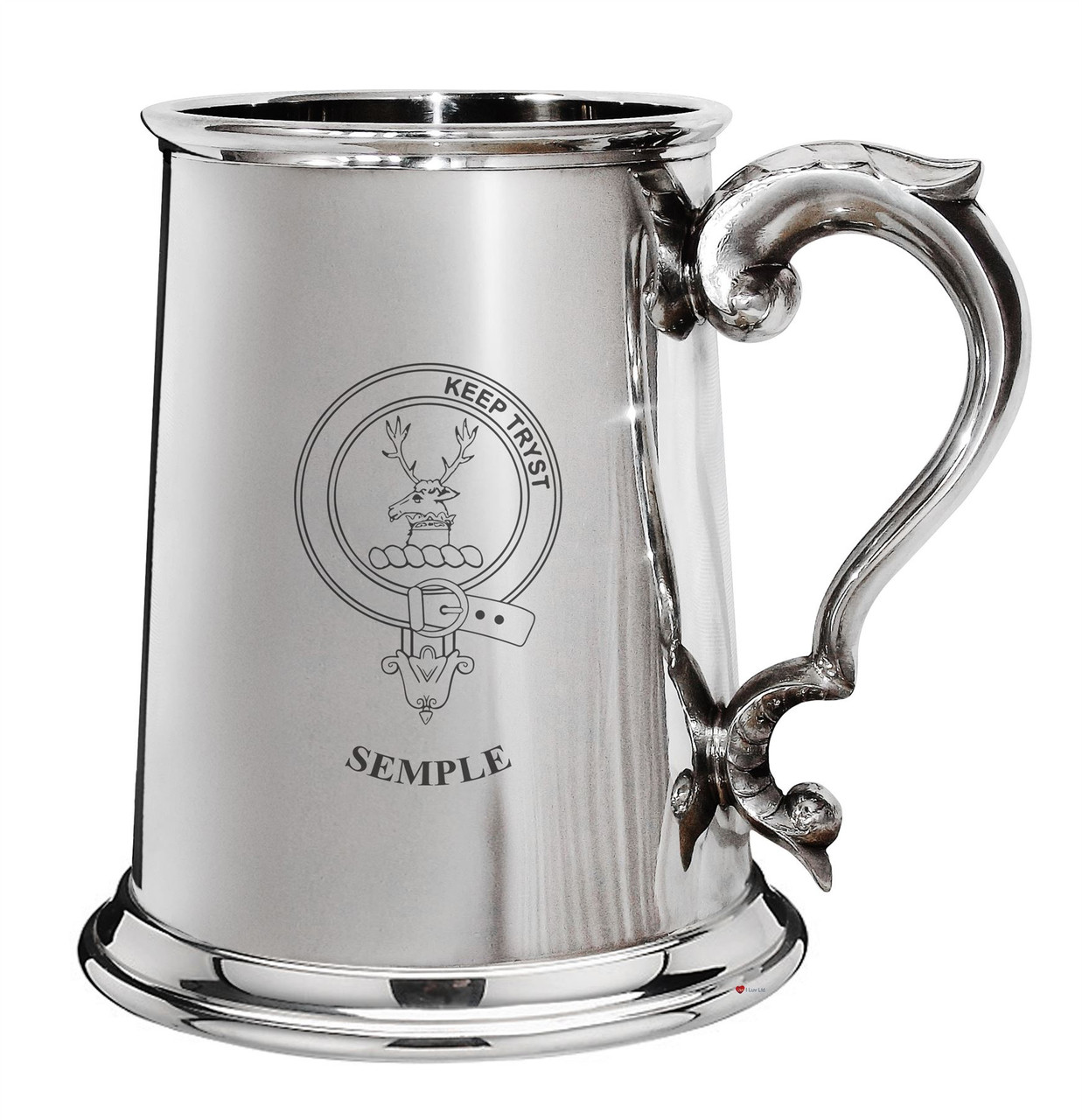 Semple Family Crest Polished Pewter 1 Pint Tankard with Scroll handle