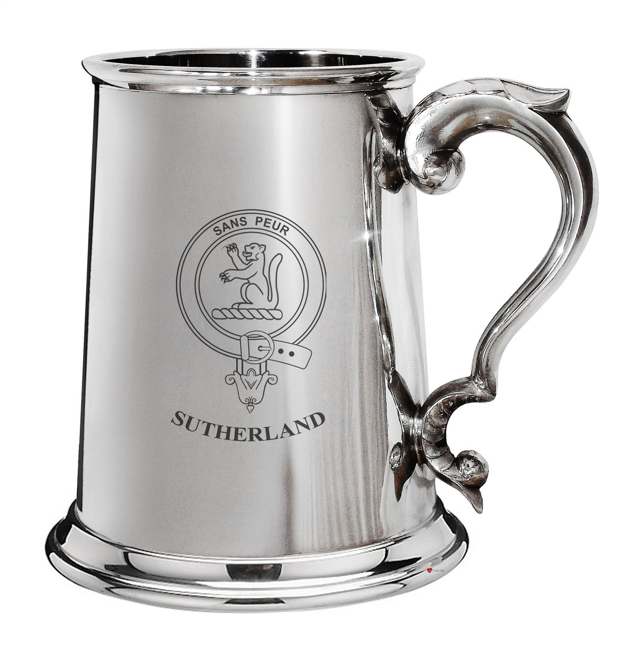Sutherland Family Crest Polished Pewter 1 Pint Tankard with Scroll handle