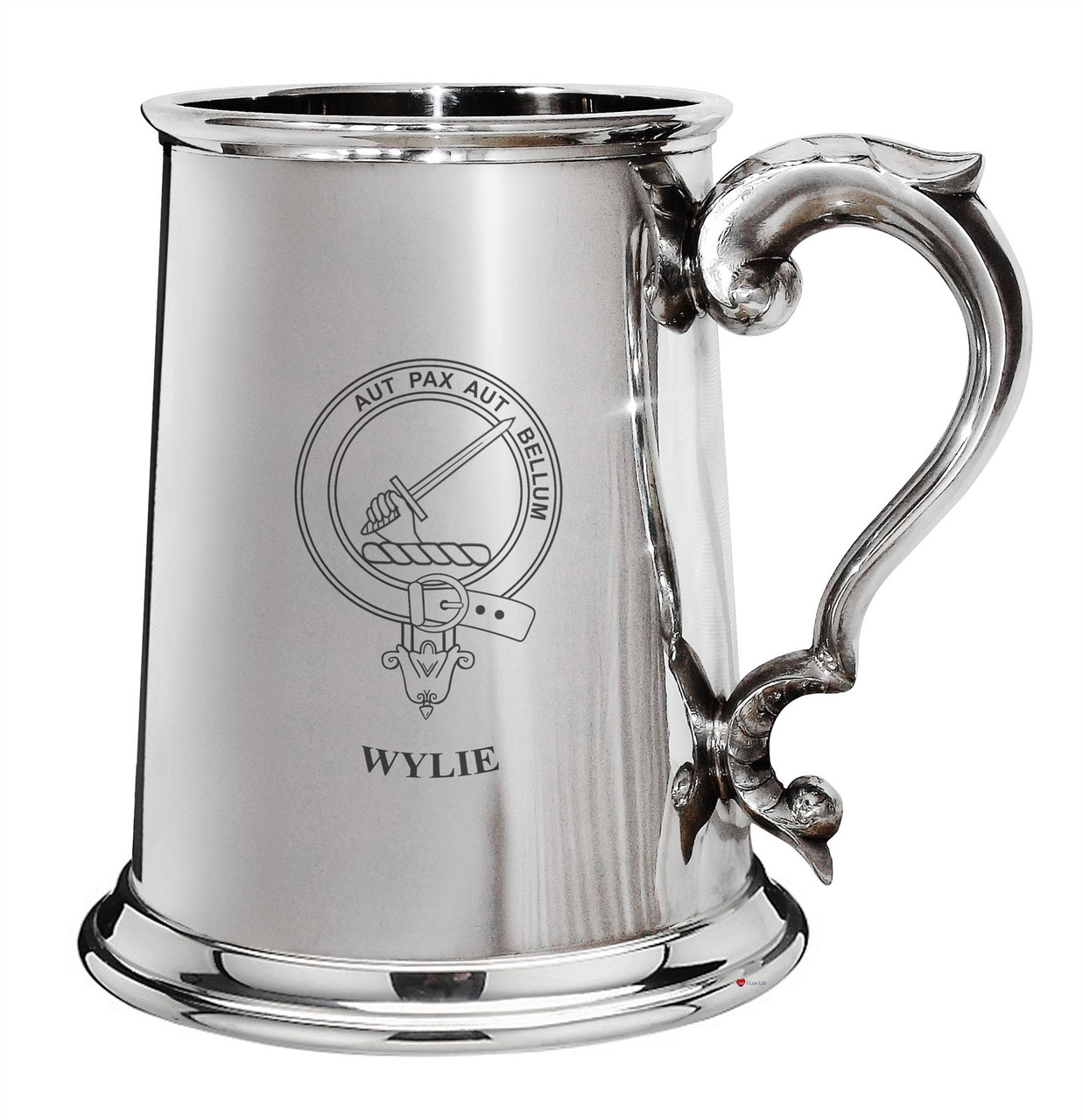 Wylie Family Crest Polished Pewter 1 Pint Tankard with Scroll handle