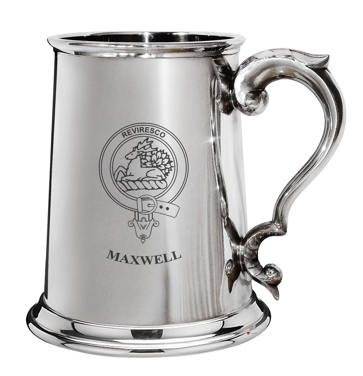 Maxwell Family Crest Polished Pewter 1 Pint Tankard with Scroll handle
