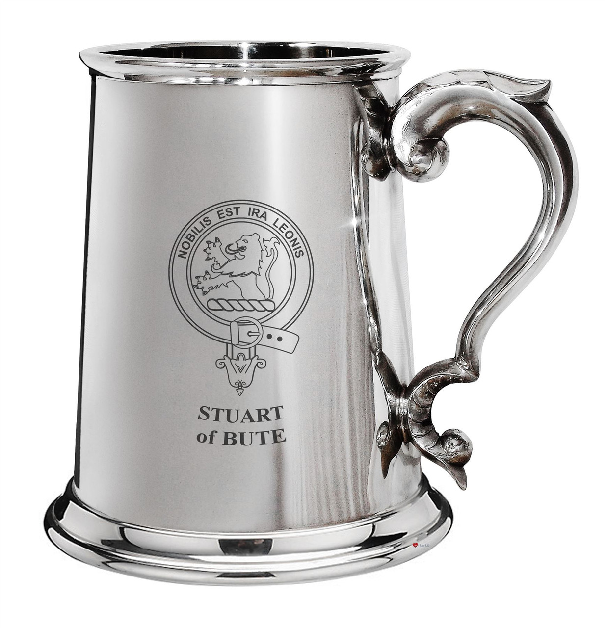 StuartofBute Family Crest Polished Pewter 1 Pint Tankard with Scroll handle