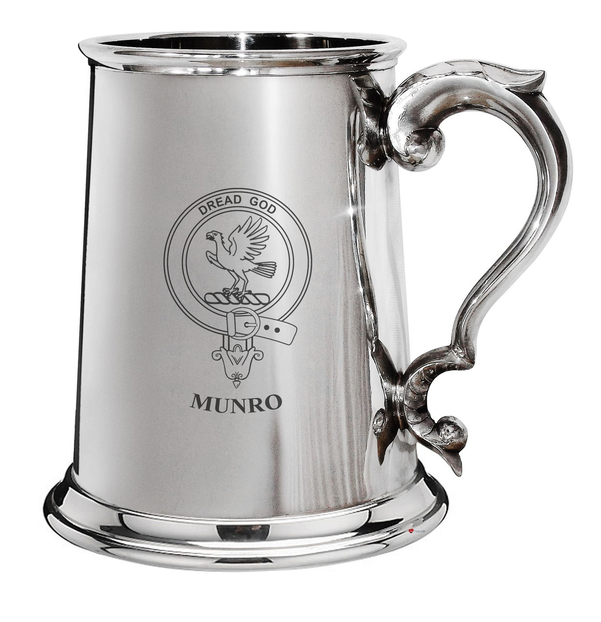 Munro Family Crest Polished Pewter 1 Pint Tankard with Scroll handle