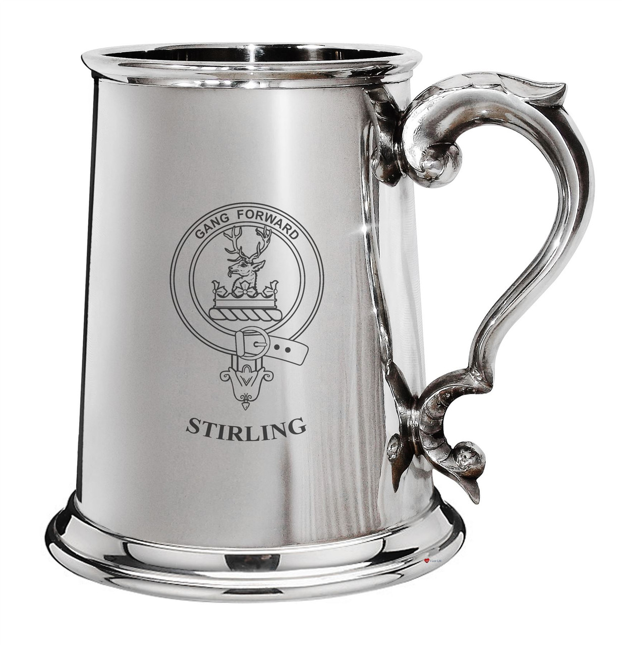 Stirling Family Crest Polished Pewter 1 Pint Tankard with Scroll handle