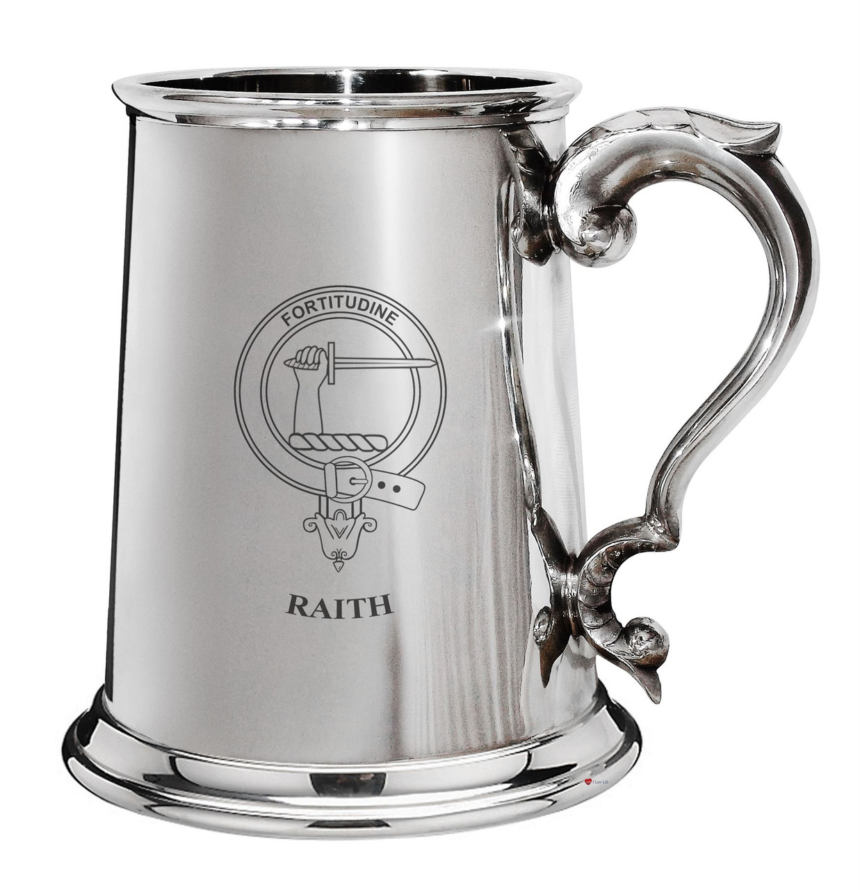 Raith Family Crest Polished Pewter 1 Pint Tankard with Scroll handle