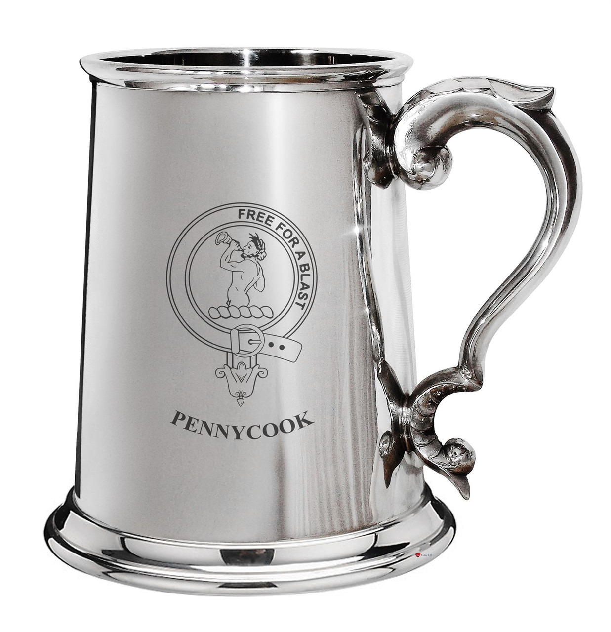 Pennycook Family Crest Polished Pewter 1 Pint Tankard with Scroll handle