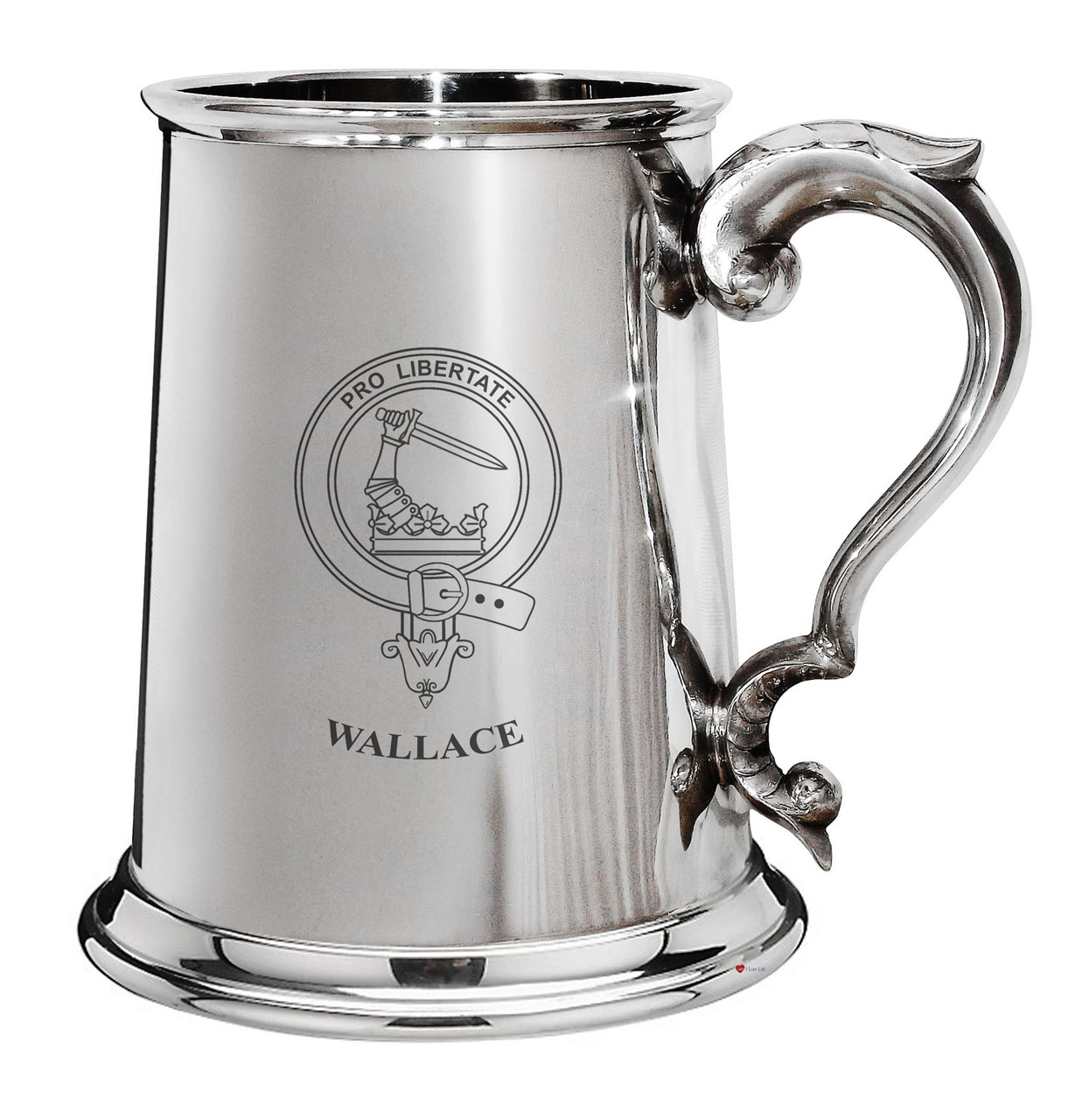 Wallace Family Crest Polished Pewter 1 Pint Tankard with Scroll handle
