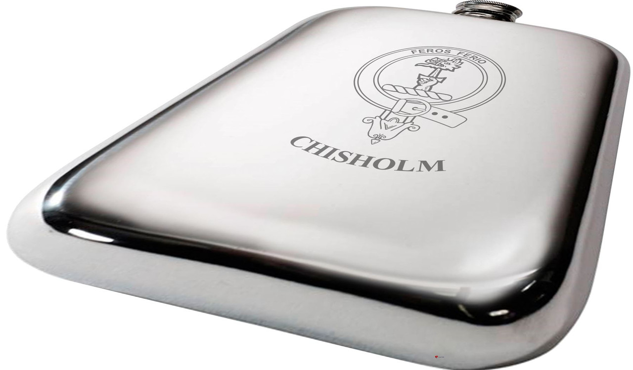 Chisholm Scottish Clan Crest Name Pewter Hip Flask 6oz