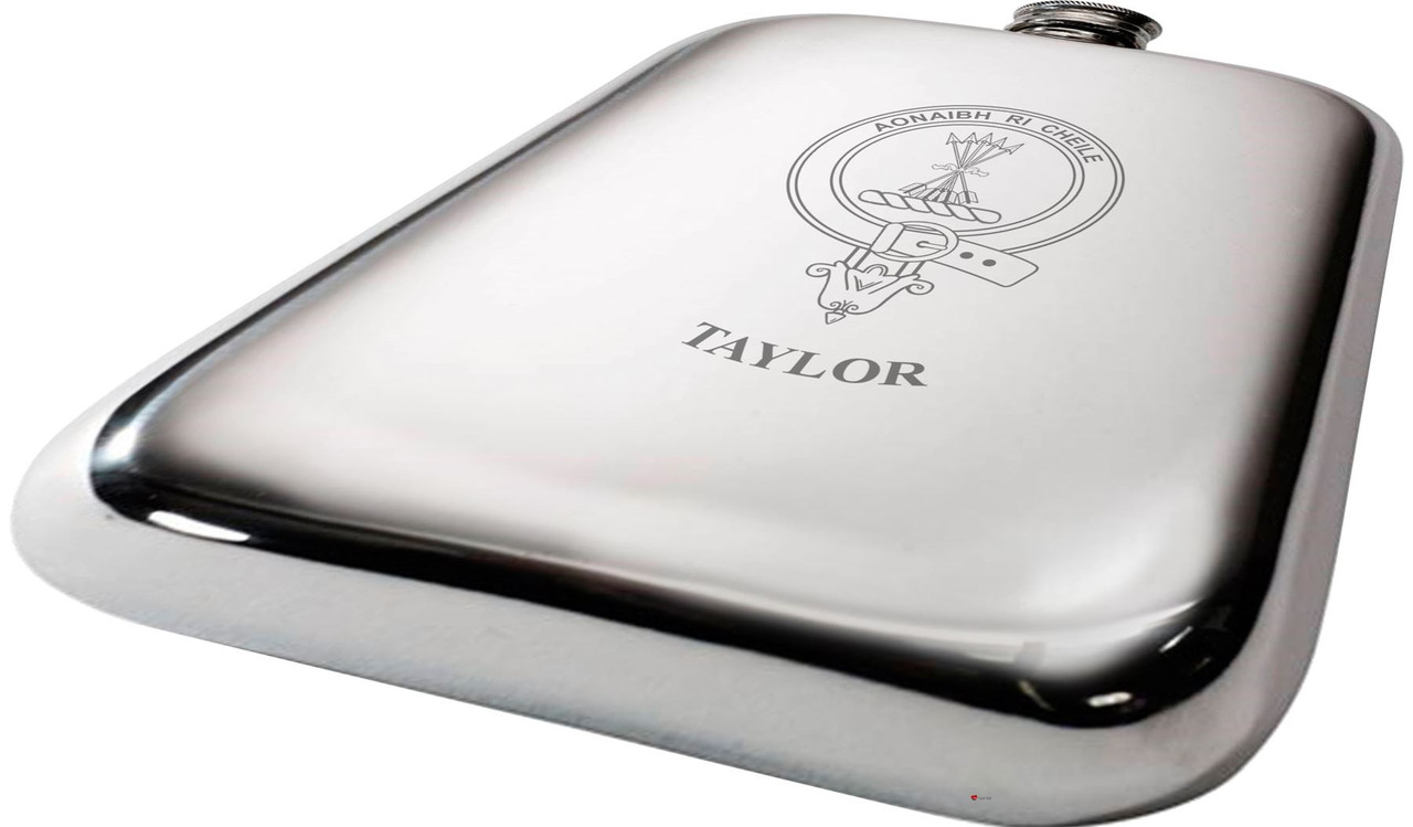 Taylor Scottish Clan Crest Name Pewter Hip Flask 6oz