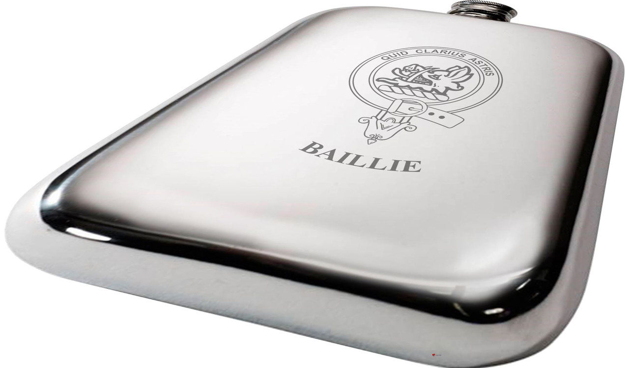 Baillie Scottish Clan Crest Name Pewter Hip Flask 6oz