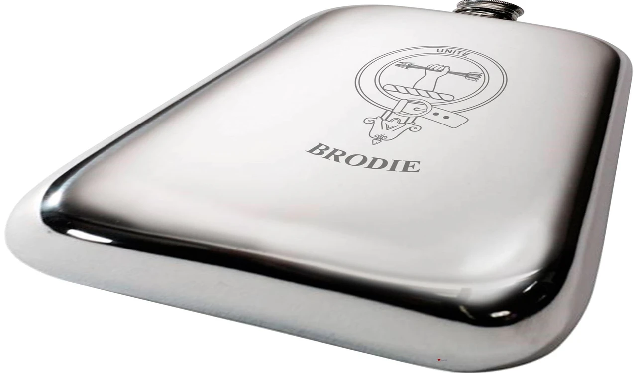 Brodie Scottish Clan Crest Name Pewter Hip Flask 6oz