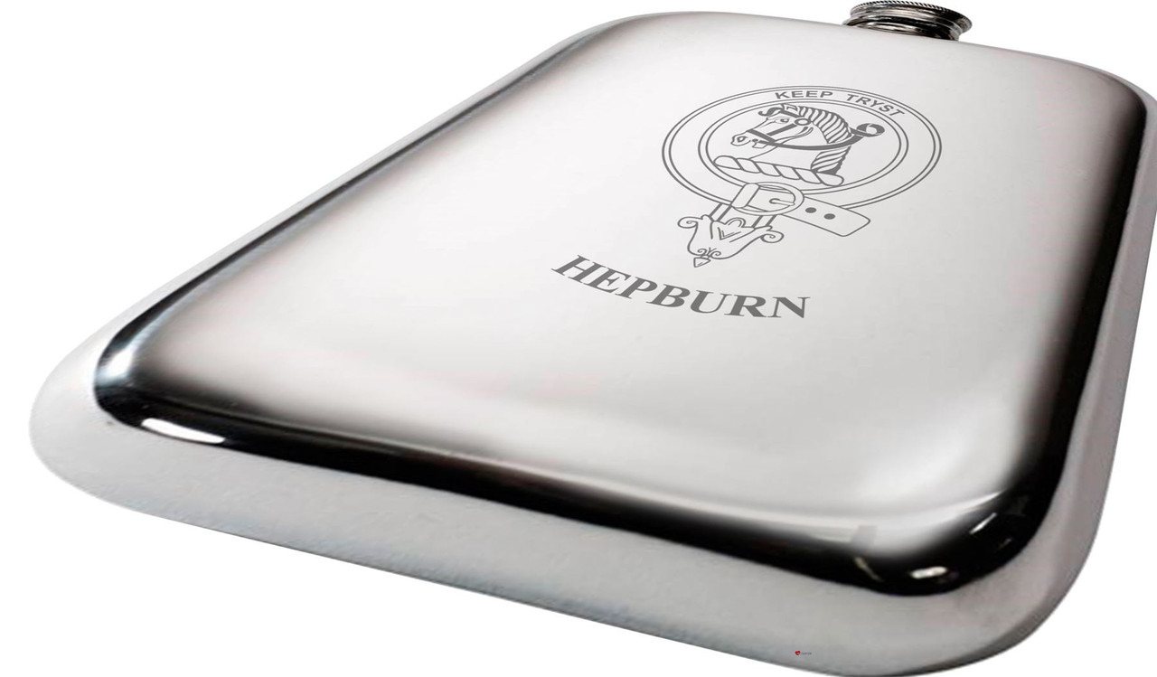Hepburn Scottish Clan Crest Name Pewter Hip Flask 6oz
