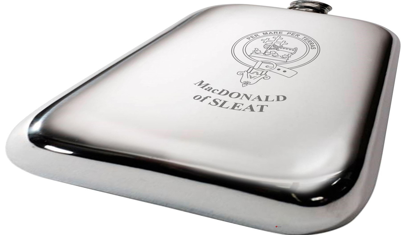 MacDonald of Sleat Scottish Clan Crest Name Pewter Hip Flask 6oz