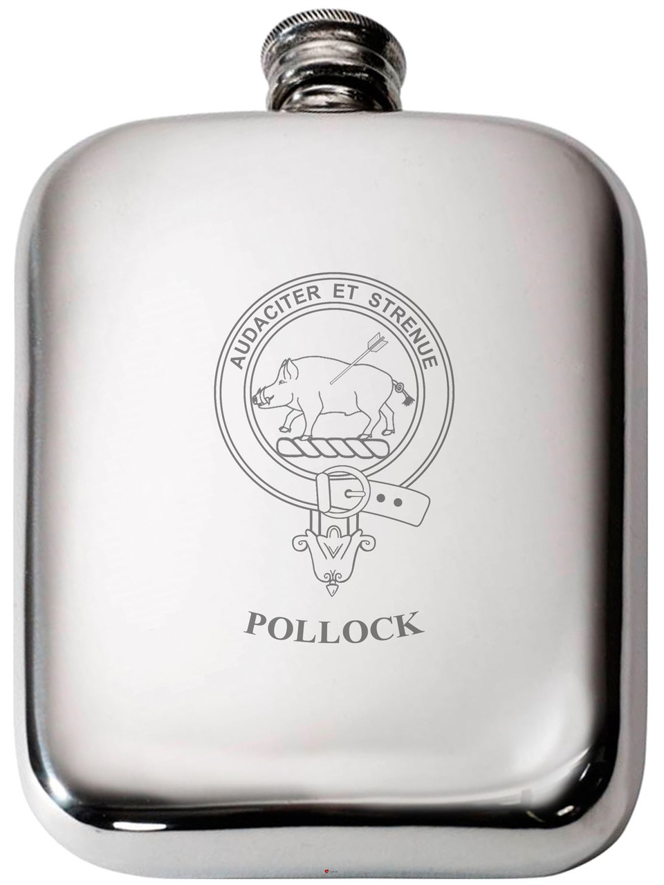 Pollock Scottish Clan Crest Name Pewter Hip Flask 6oz