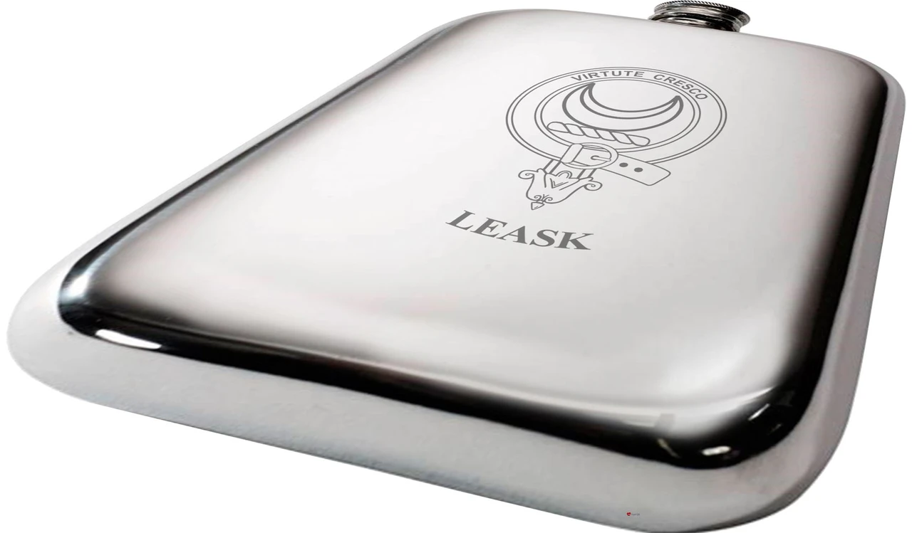 Leask Scottish Clan Crest Name Pewter Hip Flask 6oz