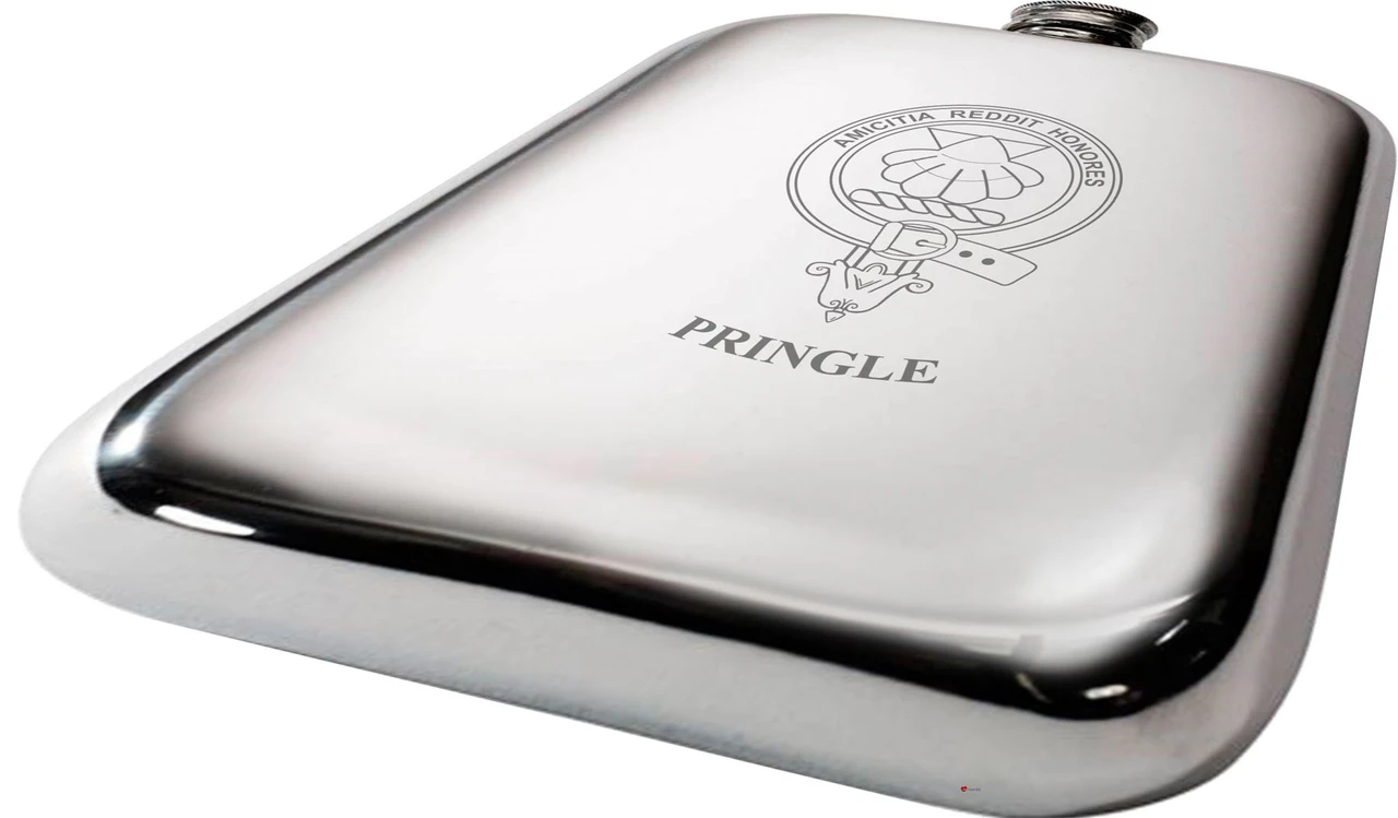Pringle Scottish Clan Crest Name Pewter Hip Flask 6oz
