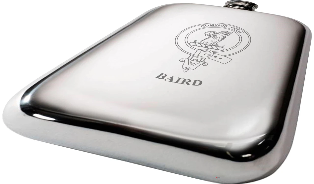 Baird Scottish Clan Crest Name Pewter Hip Flask 6oz