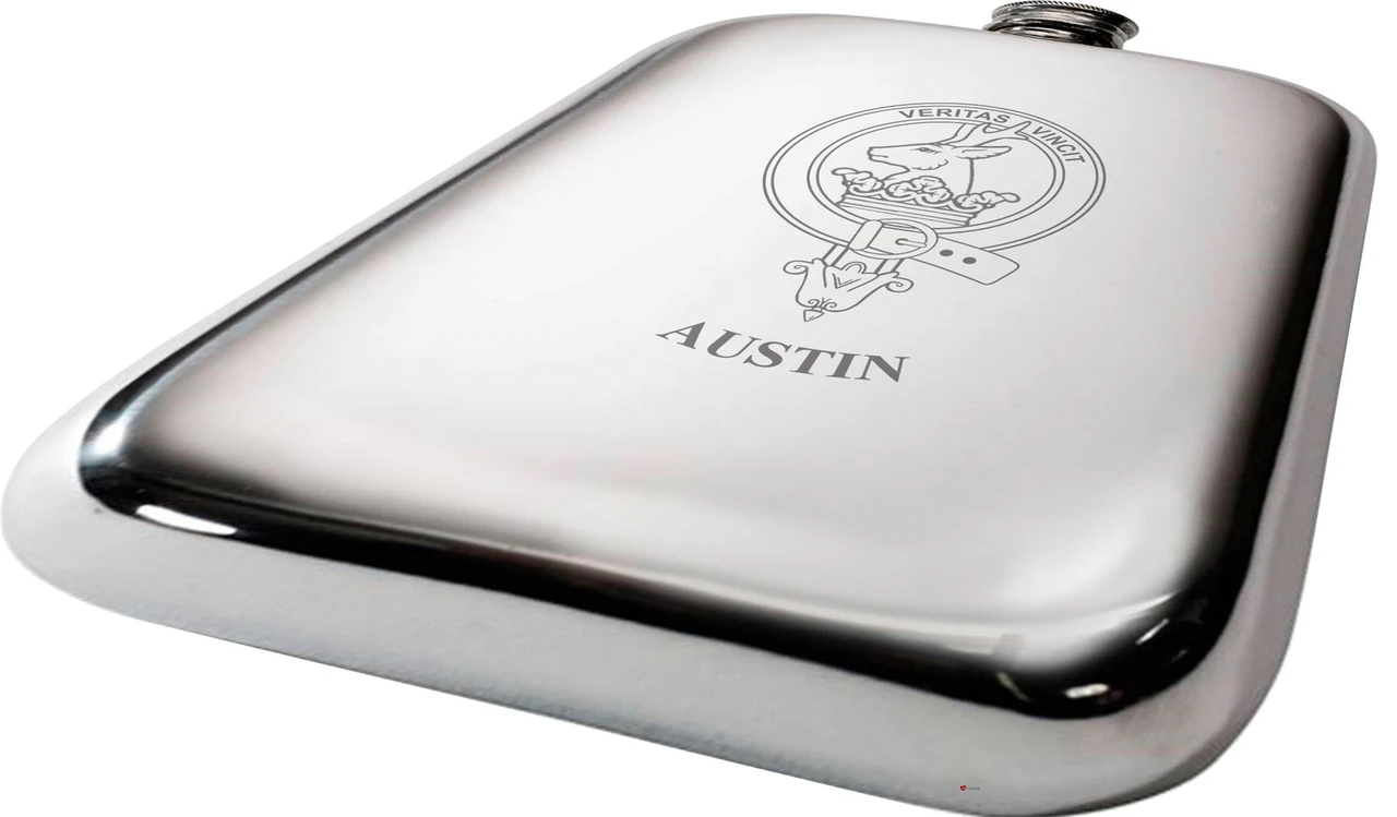 Austin Scottish Clan Crest Name Pewter Hip Flask 6oz