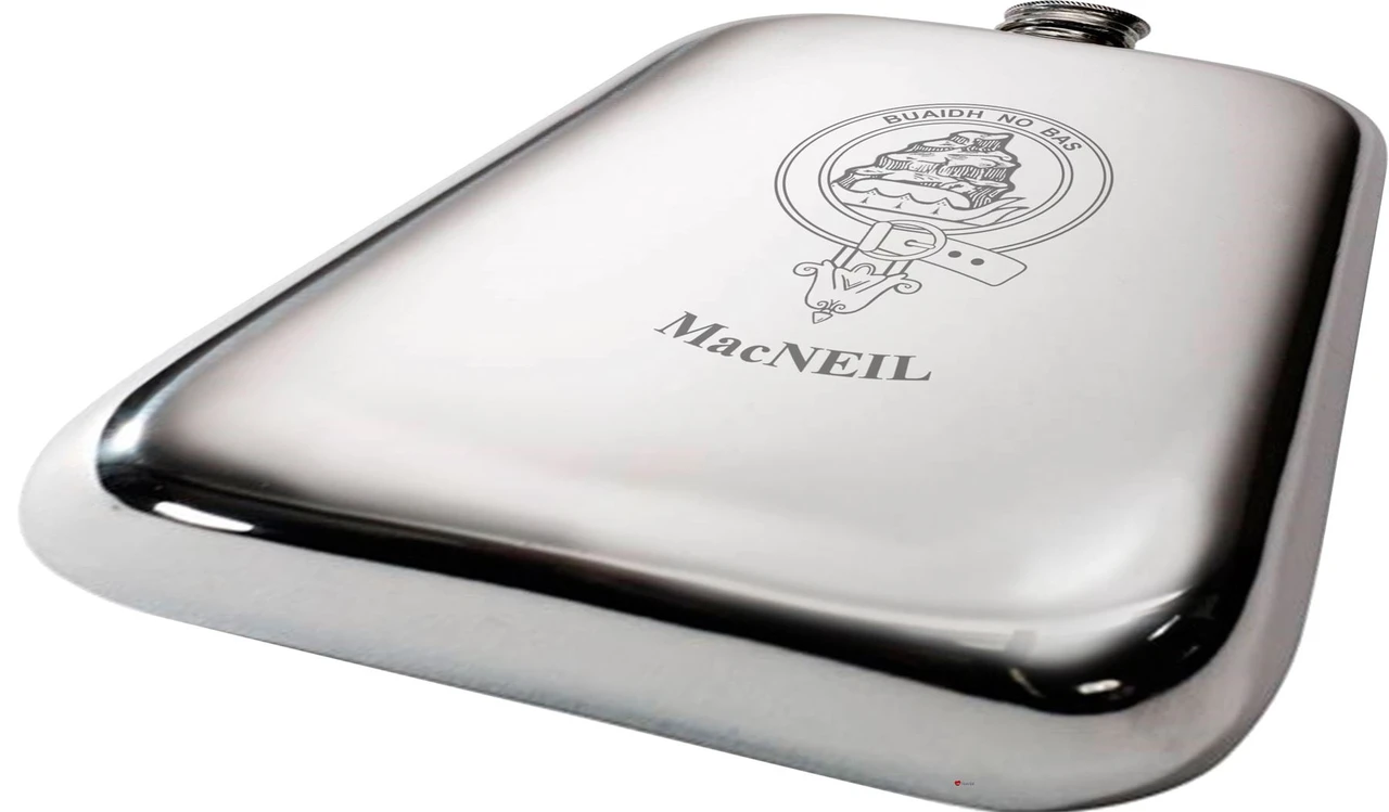 MacNeil Scottish Clan Crest Name Pewter Hip Flask 6oz