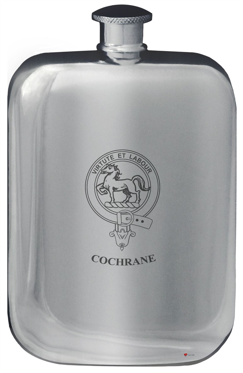 Cochrane Family Crest Design Pocket Hip Flask 6oz Rounded Polished Pewter