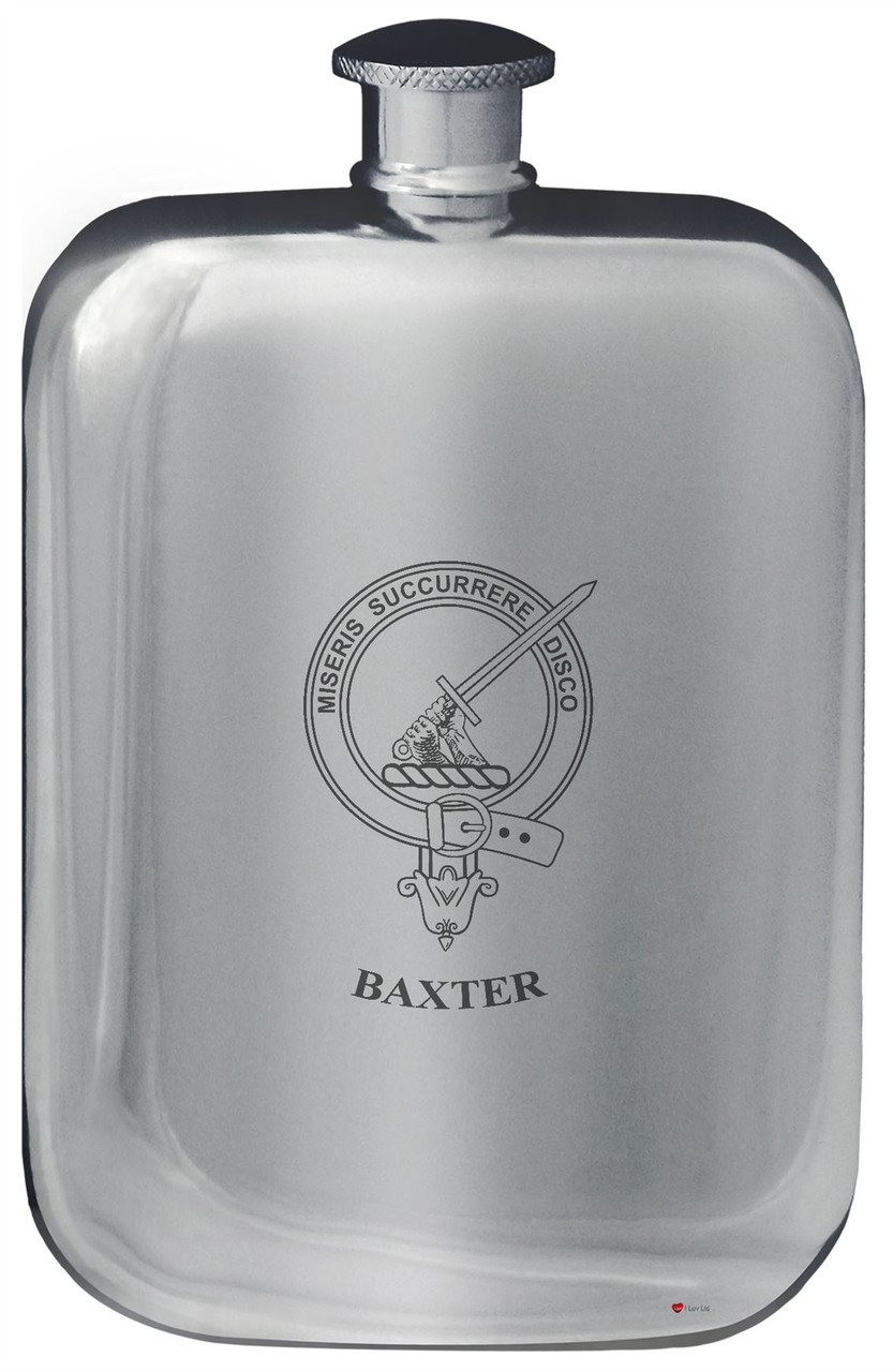 Baxter Family Crest Design Pocket Hip Flask 6oz Rounded Polished Pewter