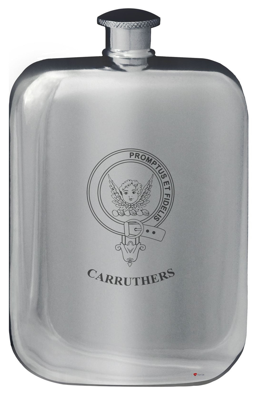 Carruthers Family Crest Design Pocket Hip Flask 6oz Rounded Polished Pewter