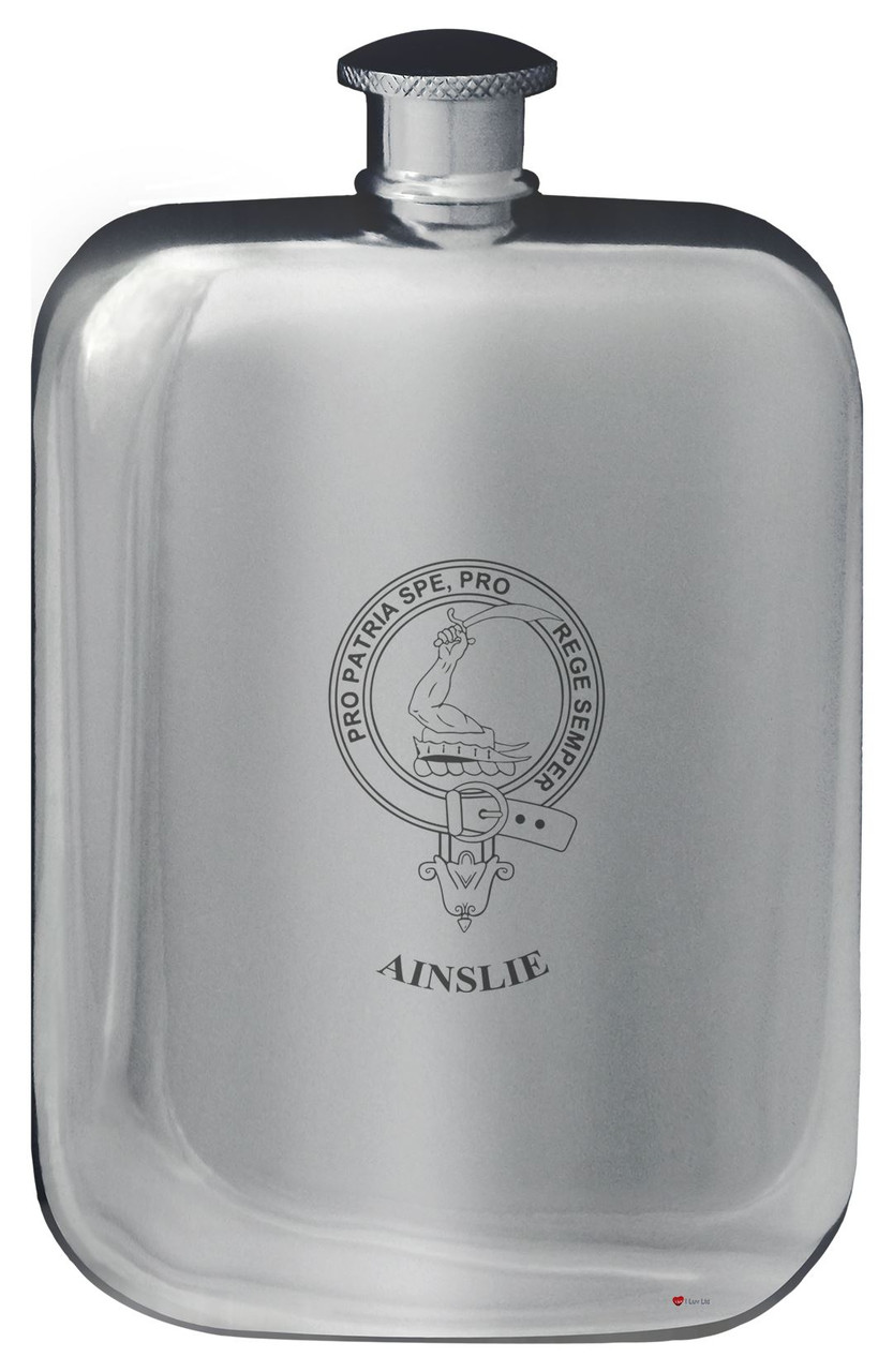 Ainslie Family Crest Design Pocket Hip Flask 6oz Rounded Polished Pewter