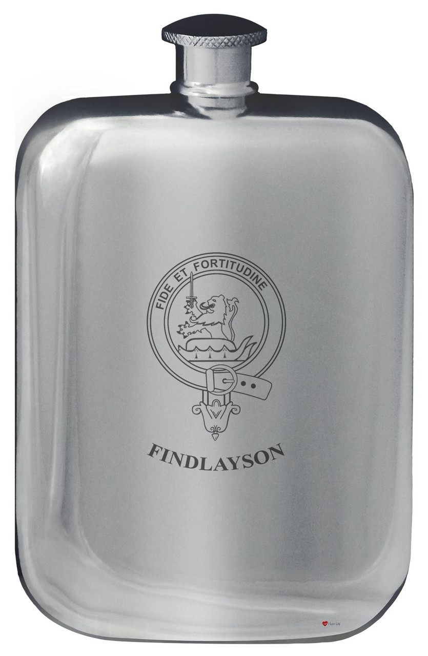Findlayson Family Crest Design Pocket Hip Flask 6oz Rounded Polished Pewter